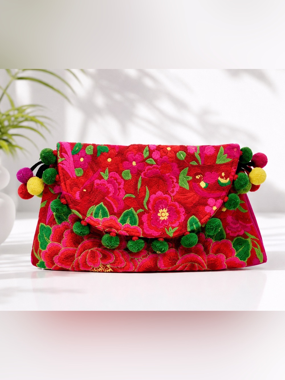 Island Flower‎ Embroidered Colorful Clutch with Pom Pom Ball Tassels